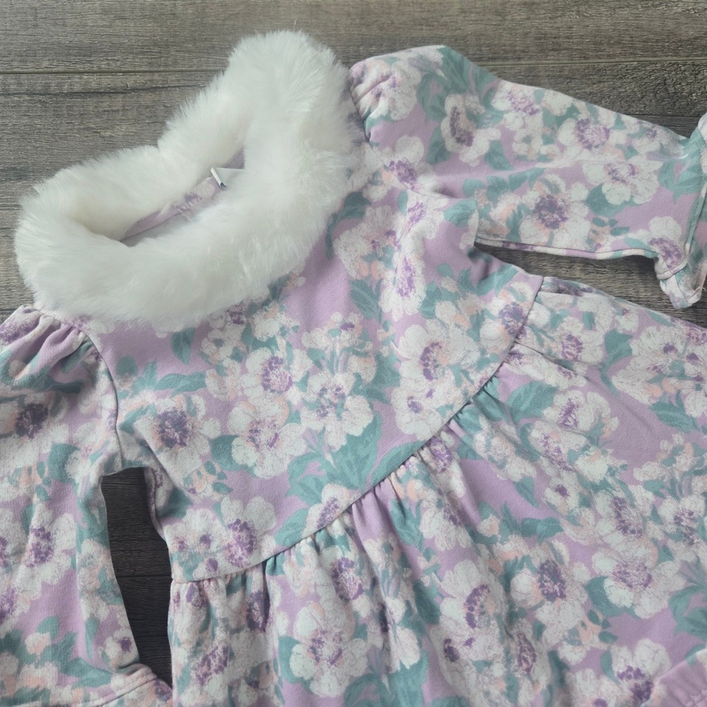 Janie and Jack Toddler Girls Purple Floral Faux Fur Collar Dress 2T
